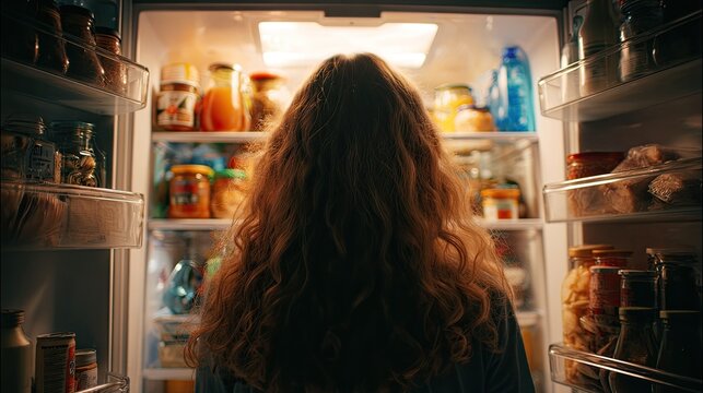 Person looking into a refrigerator filled with food