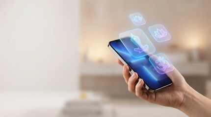 Fototapeta premium Hand Holding Smartphone With Yoga And Meditation App Icons