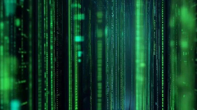 Digital data flows through a server room filled with glowing green lines and patterns during a late-night operation for storage and processing tasks