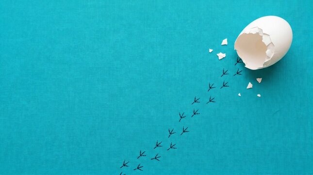 Broken white eggshell with bird footprints on blue fabric background concept