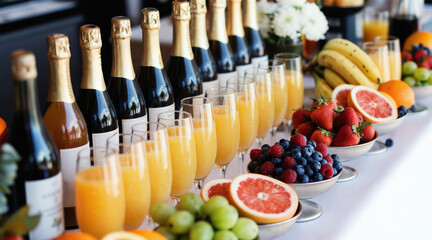 Fototapeta na wymiar Row of champagne bottles and orange juice glasses next to fresh fruit bowls. Elegant brunch station with berries, citrus halves, and bananas, ready for celebration.