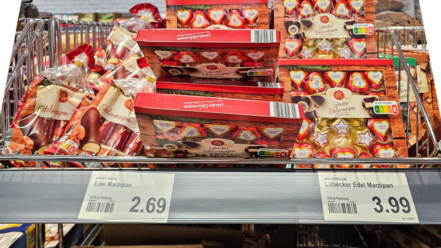 L&uuml;becker edel marzipan candy on supermarket shelf