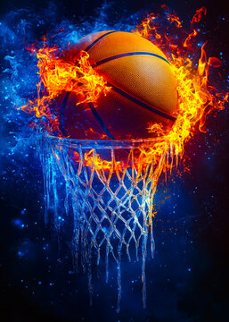 a basketball on fire going through a hoop with flames around it action shot ball in motion basketbal