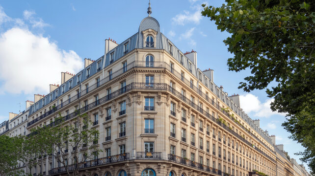 Elegant Haussmann Style Apartment Building Architecture in Paris with Classic French Facade and Blue Sky
