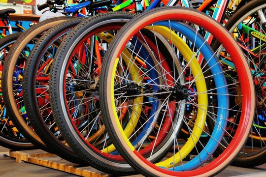 Many colorful bicycle wheels in rows at a store. Different sizes and styles of wheels for sale. Ready for cycling, biking, or urban transport. Eco friendly travel choice.