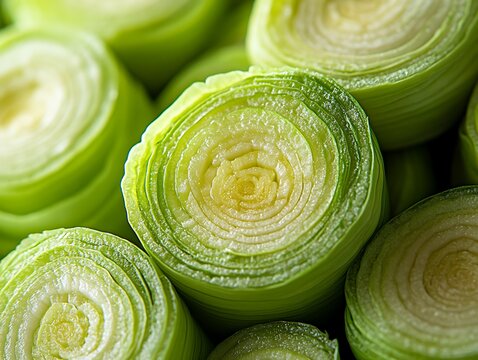 Layered green leeks in close-up with fresh and vibrant natural texture