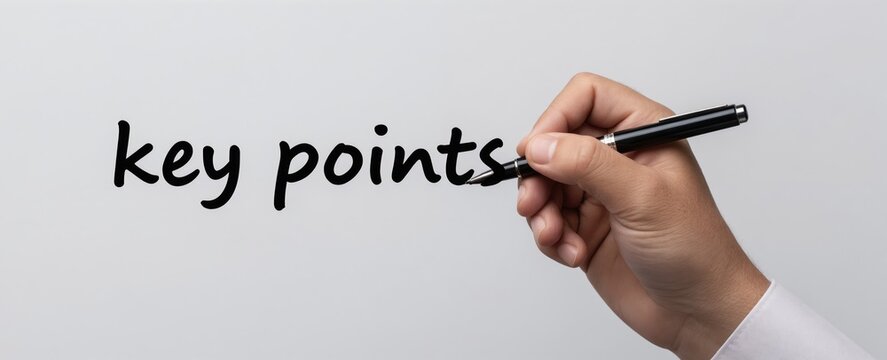 Hand writes key points on white background. Business person underlines important information for strategy planning. Man uses pen to mark critical concepts for presentation.