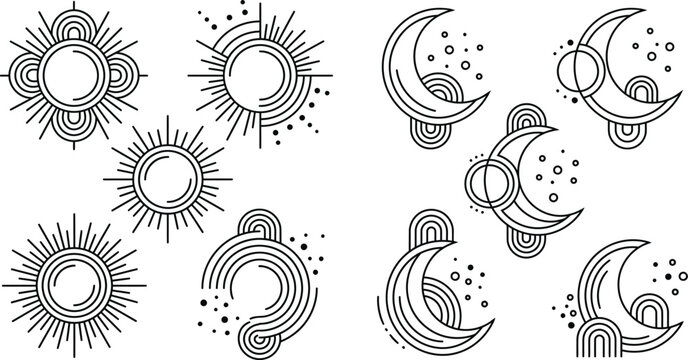 Collection of various sun and moon illustrations in different phases and styles with lines and dots