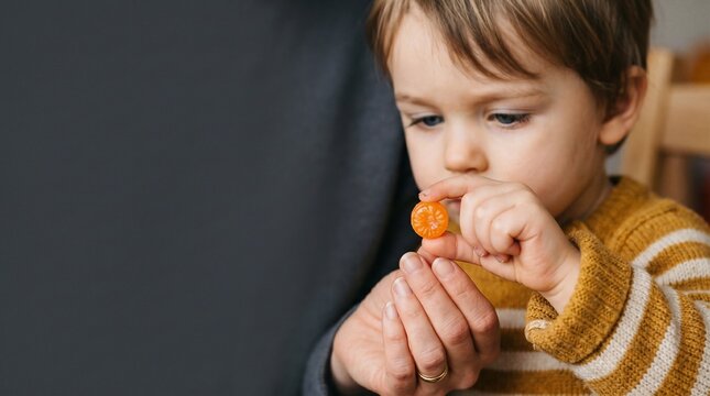 Young boy looking at orange candy held by parent in macro shot