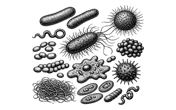 Diverse collection of microscopic organisms and cells in a detailed scientific illustration