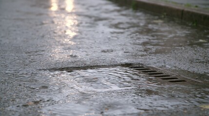 Fototapeta premium Improperly designed storm water sewer: flooded grating. Engineers have made a mistake in their calculations, and as a result water can't fully flow into drain. Sewage