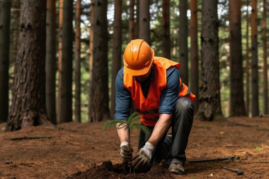 Man in hard hat and vest kneels planting young tree in forest. He uses gloved hands to place sapling into soil, preparing ground for reforestation. Nature worker cares for new growth.