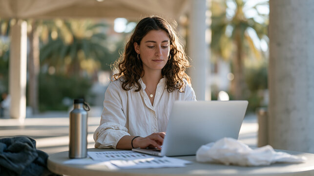 University data science student codes machine-learning climate models on a laptop in an open-air pavilion on campus, surrounded by printouts of carbon emissions graphs, a reusable water bottle besid