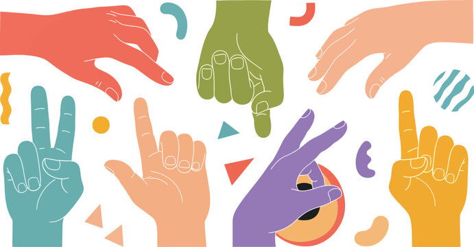 Diverse hands gesturing with various finger positions and colorful abstract shapes around
