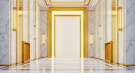 Fototapeta premium Opulent architectural interior featuring high ceilings, shining marble flooring, and extensive golden accents, creating a grand entrance, chandelier, metallic, ornate