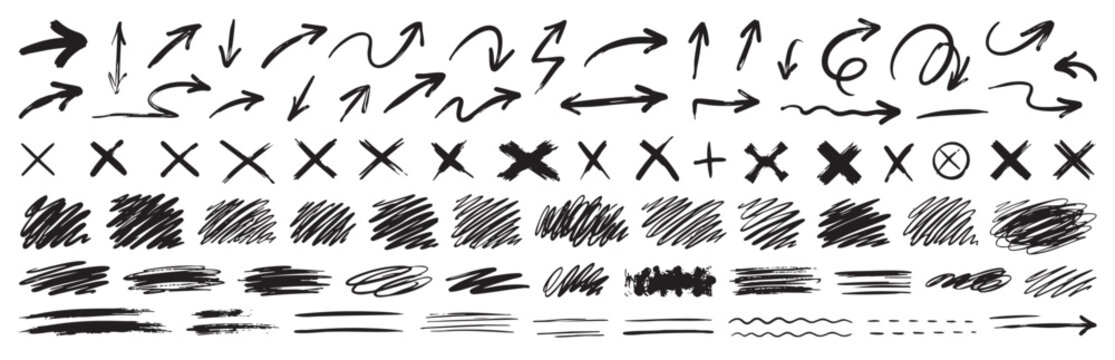Set of hand-drawn arrows, cross marks, and scribbles isolated on white background. Collection of doodle design elements for sketches, notes, and annotations.