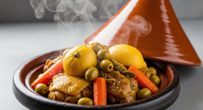 Traditional savory chicken and preserved lemon tagine cooked with olives and carrots, served steaming hot in a rustic earthenware pot, pot, clay, serving