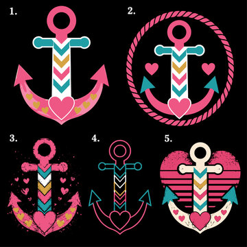 Colorful Nautical Anchor with Hearts and Chevron Pattern Vector Collection on Black Background