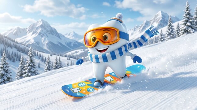 Cartoon character snowboarding on snowy mountain slope in winter  