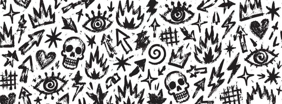 Seamless pattern with hand drawn doodle elements like skulls, hearts, flames, eyes, stars, arrows and lightning bolts, isolated on white background.