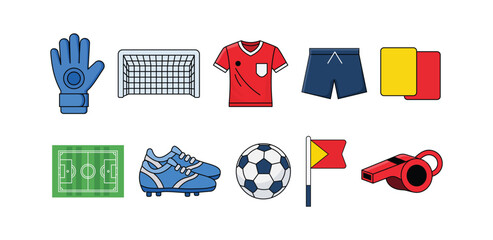 Soccer and football sport flat icon set with ball goal boots and referee equipment, Soccer and football vector illustration symbol © stock9999