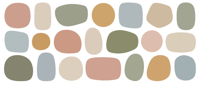 A collection of various abstract organic shapes in a soft, muted color palette. These modern, minimalist blob elements are isolated on a white background, perfect for contemporary graphic design proje