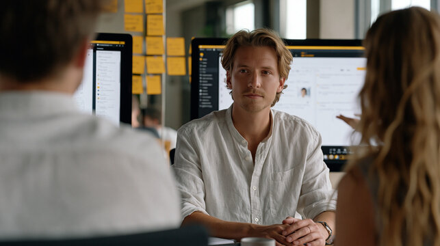 Remote product design team conducts a virtual collaboration session across six screens in a shared coworking space in Berlin, sticky notes pinned to a glass wall, a facilitator using a digital white