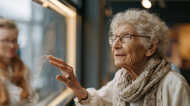 Retired aerospace machinist in her eighties touches the surface of a titanium turbopump blade displayed in a heritage aerospace museum exhibit case, her fingerprints smudging the glass as she explai