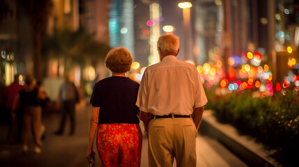 Obraz premium elderly couple walking city evening romantic street