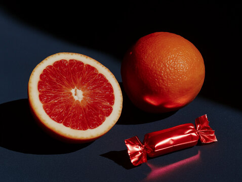 Orange, grapefruit slice, and red wrapped candy on a bright blue surface. Ideal for food advertising, citrus branding, and playful product design.