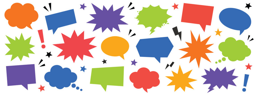 A collection of various colorful comic speech bubbles, thought balloons, and explosion shapes with decorative stars, exclamation marks, and lightning bolt icons isolated on a white background.