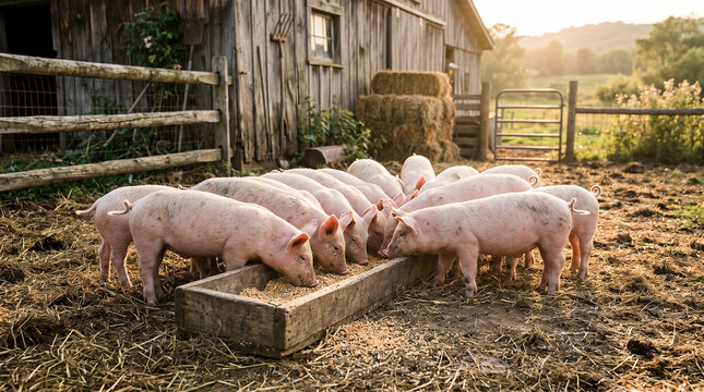 Cute Piglets Feeding Together Farm Lifestyle Scene