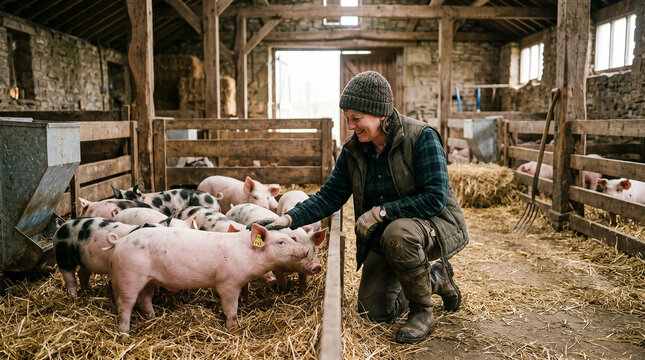 Farmer Working in Pig Farm Agricultural Concept