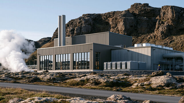 Massive green data center cooling facility in Iceland sits against volcanic rock terrain, rows of modular server units visible through large industrial windows, geothermal steam venting nearby, a fa