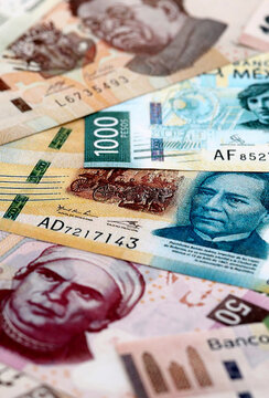 Mexican peso money banknotes pile on table. Mexico bills of MXN currency close up