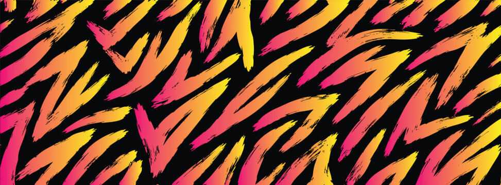 Seamless pattern featuring abstract tiger stripes with a vibrant gradient of pink, orange, and yellow colors on a black background. Modern vector design.