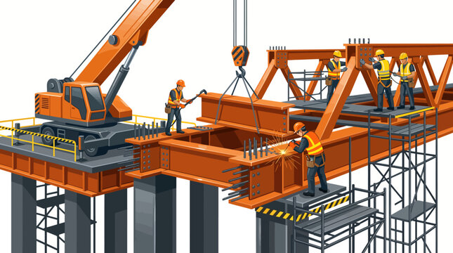 Construction workers building a steel bridge structure with a crane and scaffolding, industrial team welding and assembling girders
