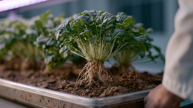 Hydroponic tray of Earth crops suspended in simulated Martian regolith under violet grow-lights inside a pressurized agricultural research dome, root systems visible through transparent trays as a s