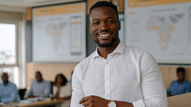 Fintech startup founder presents mobile banking interface mockups to microfinance investors in a Lagos conference room, projected slides showing unbanked population maps of West Africa, local journa