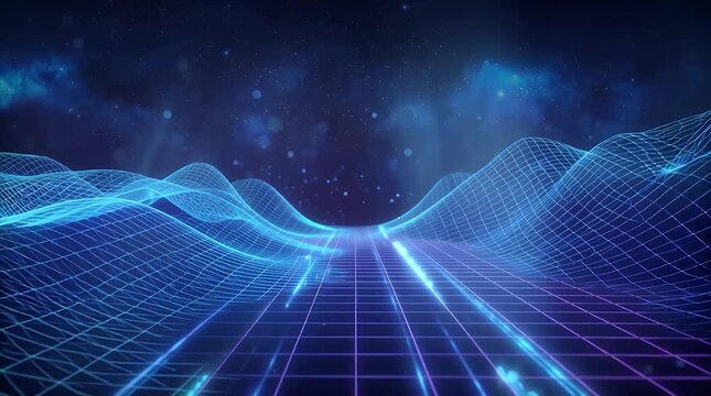 Abstract digital landscape with glowing blue wireframe grid and futuristic path under a dark, cosmic sky.