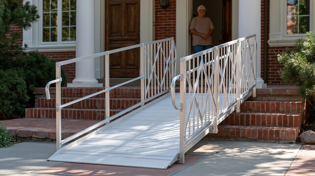 Aluminum modular wheelchair ramp spanning brick front steps of suburban colonial home, accessible modification installation complete, mobility independence solution, aging in place renovation, physi