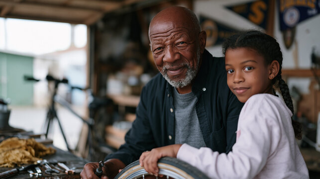 African-American grandfather repairs a bicycle in his garage workshop with his ten-year-old granddaughter handing him tools, oil rags on the workbench, vintage sports pennants on the walls, sunlight