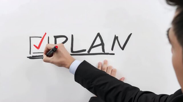 日本人担当者がホワイトボードにPLANと下線を記す