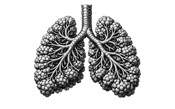 Detailed anatomical illustration of human lungs with alveoli and bronchioles