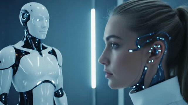 Woman with cybernetic implants and a robot in a futuristic laboratory