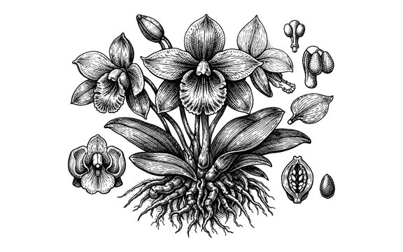 Detailed botanical illustration of a Cattleya orchid plant with dissected parts
