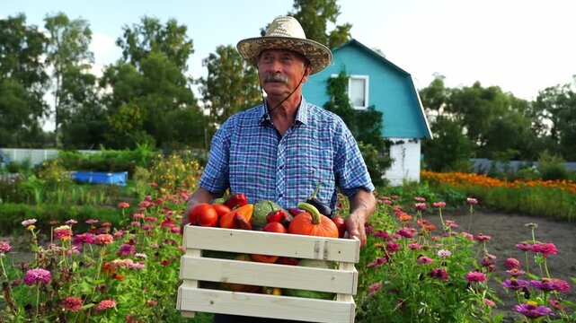 Farmer stands proudly in his garden, holding a crate of fresh tomatoes. He wears a straw hat and a checkered shirt, smiling gently. Behind him, a colorful garden blooms with zinnias and other flowers