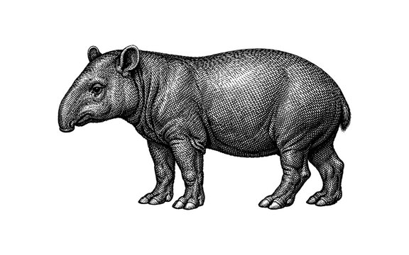 Vintage illustration of a tapir with a distinctive prehensile snout and sturdy legs