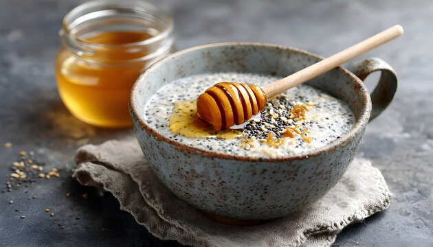 Delicious bowl of poppy seed porridge with honey, symbolizing a healthy and comforting breakfast