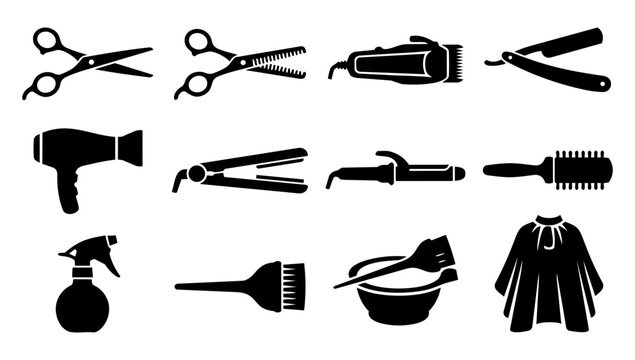 Hairdresser Tool and Salon Equipment Silhouette Set &ndash; Barber and Hairstyling Icons